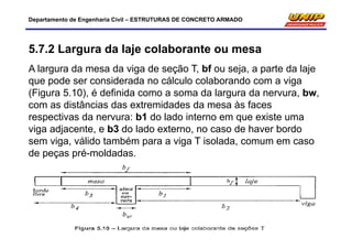 Departamento de Engenharia Civil – ESTRUTURAS DE CONCRETO ARMADO
5.7.2 Largura da laje colaborante ou mesa
A largura da mesa da viga de seção T, bf ou seja, a parte da laje
que pode ser considerada no cálculo colaborando com a viga
(Figura 5.10), é definida como a soma da largura da nervura, bw,
com as distâncias das extremidades da mesa às faces
respectivas da nervura: b1 do lado interno em que existe uma
viga adjacente, e b3 do lado externo, no caso de haver bordo
sem viga, válido também para a viga T isolada, comum em caso
de peças pré-moldadas.
 