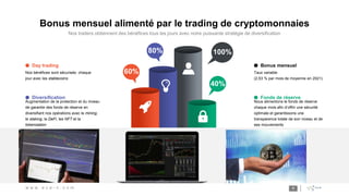 Nos traders obtiennent des bénéfices tous les jours avec notre puissante stratégie de diversification
4
Bonus mensuel alimenté par le trading de cryptomonnaies
w w w . e c a - n . c o m
60%
80% 100%
40%
Day trading
Nos bénéfices sont sécurisés chaque
jour avec les stablecoins
Diversification
Augmentation de la protection et du niveau
de garantie des fonds de réserve en
diversifiant nos opérations avec le mining,
le staking, la DeFi, les NFT et la
tokenisation
Bonus mensuel
Taux variable
(2,53 % par mois de moyenne en 2021)
Fonds de réserve
Nous alimentons le fonds de réserve
chaque mois afin d’offrir une sécurité
optimale et garantissons une
transparence totale de son niveau et de
ses mouvements
 