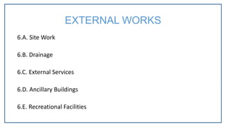 6.A. Site Work
6.B. Drainage
6.C. External Services
6.D. Ancillary Buildings
6.E. Recreational Facilities
EXTERNAL WORKS
 