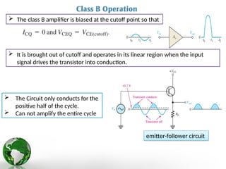  The class B amplifier is biased at the cutoff point so that
 It is brought out of cutoff and operates in its linear region when the input
signal drives the transistor into conduction.
emitter-follower circuit
 The Circuit only conducts for the
positive half of the cycle.
 Can not amplify the entire cycle
 