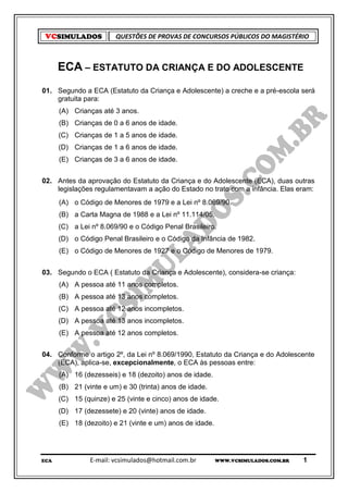 ECA - ESTATUTO DA CRIANÇA E DO ADOLESCENTE - SIMULADO COM 50 QUESTÕES | PDF