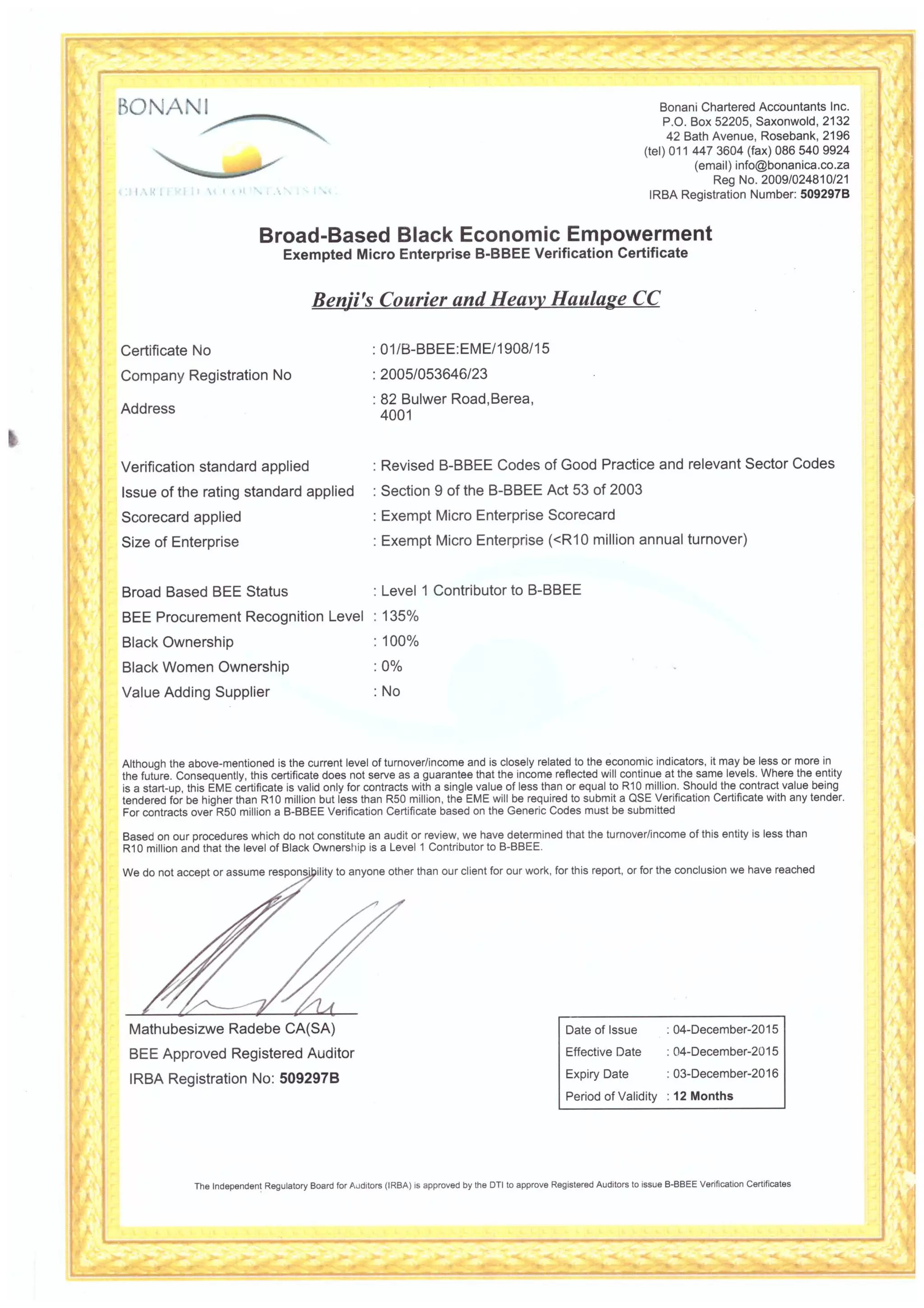 BEE Certificate | PDF