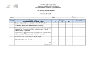 SecretaríadeEducación Pública
SubsecretaríadeEducación Media Superior
DirecciónGeneral deEducaciónTecnológica Industrial
Lista de cotejo Reporte de práctica
Momento: Desarrollo
Alumno: Grupo: Fecha:
Numero Acciones a evaluar
(El alumno presenta en un resumen al menos)
Cumplimiento Observaciones
Si No NA
1 El reporte se apega al ejercicio propuesto en la página 154 - 176 del libro*.
2 La descripción de cada una de las actividades es clara y coherente.
3 Los elementos requeridos para llevar a cabo la conexión de la alimentación principal
a la unidad PLC, y las consideraciones sobre seguridad para llevar a cabo tal
actividad por parte de los alumnos
4 Los diagramas que integran corresponden al proyecto propuesto definiendo entradas ,
salidas de la unidad PLC que se encuentra el laboratorio de la escuela
5 Se elaboró el reporte de forma limpia y sin faltas de ortografía
6 Entrega el reporte en tiempo requerido
Total
5 puntos máximo
 