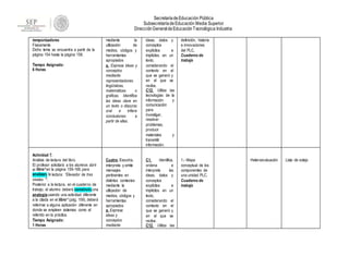 SecretaríadeEducación Pública
SubsecretaríadeEducación Media Superior
DirecciónGeneral deEducaciónTecnológica Industrial
temporizadores
Físicamente
Dicho tema se encuentra a partir de la
página 154 hasta la página 158.
Tiempo Asignado:
6 Horas
mediante la
utilización de
medios, códigos y
herramientas
apropiados
a. Expresa ideas y
conceptos
mediante
representaciones
lingüísticas,
matemáticas o
gráficas. Identifica
las ideas clave en
un texto o discurso
oral e infiere
conclusiones a
partir de ellas.
ideas, datos y
conceptos
explícitos e
implícitos en un
texto,
considerando el
contexto en el
que se generó y
en el que se
recibe.
C12. Utiliza las
tecnologías de la
información y
comunicación
para
investigar,
resolver
problemas,
producir
materiales y
transmitir
información.
definición, historia
e innovaciones
del PLC.
Cuaderno de
trabajo
Actividad 7.
Análisis de lectura del libro.
El profesor solicitará a los alumnos abrir
el libro*en la página 159-166, para
analizar3 la lectura: “Elevador de tres
niveles ”.
Posterior a la lectura, en el cuaderno de
trabajo, el alumno deberá construir5 una
analogía usando una actividad diferente
a la citada en el libro* (pág. 159), deberá
referirse a alguna aplicación diferente en
donde se empleen sistemas como el
referido en la práctica.
Tiempo Asignado:
1 Horas
Cuatro. Escucha,
interpreta y emite
mensajes
pertinentes en
distintos contextos
mediante la
utilización de
medios, códigos y
herramientas
apropiados
a. Expresa
ideas y
conceptos
mediante
C1. Identifica,
ordena e
interpreta las
ideas, datos y
conceptos
explícitos e
implícitos en un
texto,
considerando el
contexto en el
que se generó y
en el que se
recibe.
C12. Utiliza las
1.- Mapa
conceptual de los
componentes de
una unidad PLC.
Cuaderno de
trabajo
Heteroevaluación Lista de cotejo
 