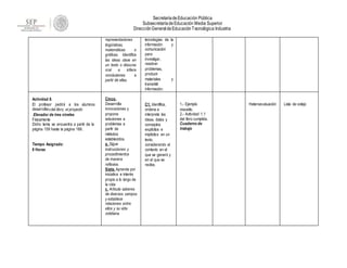 SecretaríadeEducación Pública
SubsecretaríadeEducación Media Superior
DirecciónGeneral deEducaciónTecnológica Industrial
representaciones
lingüísticas,
matemáticas o
gráficas. Identifica
las ideas clave en
un texto o discurso
oral e infiere
conclusiones a
partir de ellas.
tecnologías de la
información y
comunicación
para
investigar,
resolver
problemas,
producir
materiales y
transmitir
información.
Actividad 8.
El profesor pedirá a los alumnos
desarrollar3 del libro; el proyecto
Elevador de tres niveles
Físicamente
Dicho tema se encuentra a partir de la
página 159 hasta la página 166.
Tiempo Asignado:
8 Horas
Cinco.
Desarrolla
innovaciones y
propone
soluciones a
problemas a
partir de
métodos
establecidos.
a. Sigue
instrucciones y
procedimientos
de manera
reflexiva.
Siete. Aprende por
iniciativa e interés
propio a lo largo de
la vida
c. Articula saberes
de diversos campos
y establece
relaciones entre
ellos y su vida
cotidiana.
C1. Identifica,
ordena e
interpreta las
ideas, datos y
conceptos
explícitos e
implícitos en un
texto,
considerando el
contexto en el
que se generó y
en el que se
recibe.
1.- Ejemplo
resuelto.
2.- Actividad 1.1
del libro cumplida.
Cuaderno de
trabajo
Heteroevaluación Lista de cotejo
 