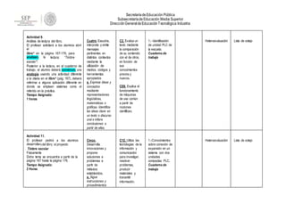 SecretaríadeEducación Pública
SubsecretaríadeEducación Media Superior
DirecciónGeneral deEducaciónTecnológica Industrial
Actividad 9.
Análisis de lectura del libro.
El profesor solicitará a los alumnos abrir
el
libro* en la página 167-176, para
analizar3 la lectura: “Timbre
escolar”.
Posterior a la lectura, en el cuaderno de
trabajo, el alumno deberá construir5 una
analogía usando una actividad diferente
a la citada en el libro* (pág. 167), deberá
referirse a alguna aplicación diferente en
donde se empleen sistemas como el
referido en la práctica.
Tiempo Asignado:
1 horas
Cuatro. Escucha,
interpreta y emite
mensajes
pertinentes en
distintos contextos
mediante la
utilización de
medios, códigos y
herramientas
apropiados
a. Expresa ideas y
conceptos
mediante
representaciones
lingüísticas,
matemáticas o
gráficas. Identifica
las ideas clave en
un texto o discurso
oral e infiere
conclusiones a
partir de ellas.
C2. Evalúa un
texto mediante
la comparación
de su contenido
con el de otros,
en función de
sus
conocimientos
previos y
nuevos.
CE8. Explica el
funcionamiento
de máquinas
de uso común
a partir de
nociones
científicas.
1.- Identificación
de unidad PLC de
la escuela.
Cuaderno de
trabajo
Heteroevaluación Lista de cotejo
Actividad 11.
El profesor pedirá a los alumnos
desarrollar3 del libro; el proyecto
Timbre escolar
Físicamente
Dicho tema se encuentra a partir de la
página 167 hasta la página 176.
Tiempo Asignado:
2 Horas
Cinco.
Desarrolla
innovaciones y
propone
soluciones a
problemas a
partir de
métodos
establecidos.
a. Sigue
instrucciones y
procedimientos
C12. Utiliza las
tecnologías de la
información y
comunicación
para investigar,
resolver
problemas,
producir
materiales y
transmitir
información.
1.-Conocimientos
sobre conexión de
expansión en un
sistema con dos
unidades
compactas PLC.
Cuaderno de
trabajo
Heteroevaluación Lista de cotejo
 