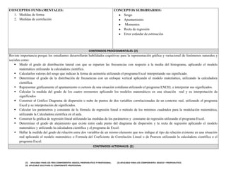 (1) APLICABLE PARA LOS TRES COMPONENTES: BASICO, PROPEDEUTICO Y PROFESIONAL. (2) APLICABLE PARA LOS COMPONENTES: BASICO Y PROPEDEUTICO.
(3) APLICABLE SOLO PARA EL COMPONENTE PROFESIONAL
CONCEPTOS FUNDAMENTALES:
1. Medidas de forma
2. Medidas de correlación
CONCEPTOS SUBSIDIARIOS:
Sesgo
Apuntamiento
Momentos
Recta de regresión
Error estándar de estimación
CONTENIDOS PROCEDIMENTALES: (2)
Reviste importancia porque los estudiantes desarrollarán habilidades cognitivas para la representación gráfica y variacional de fenómenos naturales y
sociales como:
 Medir el grado de distribución lateral con que se reparten las frecuencias con respecto a la media del histograma, aplicando el modelo
matemático utilizando la calculadora científica.
 Calcularlos valores del sesgo que indican la forma de asimetría utilizando el programa Excel interpretando sus significado.
 Determinar el grado de la distribución de frecuencias con un enfoque vertical aplicando el modelo matemático, utilizando la calculadora
científica.
 Representar gráficamente el apuntamiento o curtosis de una situación cotidiana utilizando el programa EXCEL e interpretar sus significados.
 Calcular la medida del grado de los cuatro momentos aplicando los modelos matemáticos en una situación real y su interpretación de
significados
 Construir el Gráfico Diagrama de dispersión o nube de puntos de dos variables correlacionadas de un contexto real, utilizando el programa
Excel y su interpretación de significados.
 Calcular los parámetros y constante de la fórmula de regresión lineal o método de los mínimos cuadrados para la modelación matemática,
utilizando la Calculadora científica en el aula.
 Construir la gráfica de regresión lineal utilizando las medidas de los parámetros y constante de regresión utilizando el programa Excel.
 Determinar el grado de alejamiento que existe entre cada punto del diagrama de dispersión y la recta de regresión aplicando el modelo
matemático y utilizando la calculadora científica y el programa de Excel.
 Hallar la medida del grado de relación entre dos variables de un mismo elemento que nos indique el tipo de relación existente en una situación
real aplicando el modelo matemático o Formula del Coeficiente de Correlación Lineal o de Pearson utilizando la calculadora científica o el
programa Excel.
CONTENIDOS ACTIDINALES: (2)
 