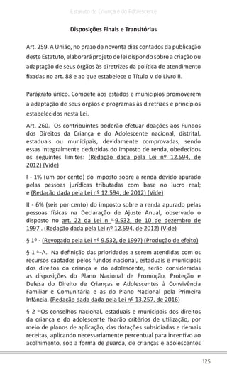 125
Estatuto da Criança e do Adolescente
Disposições Finais e Transitórias
Art. 259. A União, no prazo de noventa dias contados da publicação
deste Estatuto, elaborará projeto de lei dispondo sobre a criação ou
adaptação de seus órgãos às diretrizes da política de atendimento
fixadas no art. 88 e ao que estabelece o Título V do Livro II.
Parágrafo único. Compete aos estados e municípios promoverem
a adaptação de seus órgãos e programas às diretrizes e princípios
estabelecidos nesta Lei.
Art. 260. Os contribuintes poderão efetuar doações aos Fundos
dos Direitos da Criança e do Adolescente nacional, distrital,
estaduais ou municipais, devidamente comprovadas, sendo
essas integralmente deduzidas do imposto de renda, obedecidos
os seguintes limites: (Redação dada pela Lei nº 12.594, de
2012) (Vide)
I - 1% (um por cento) do imposto sobre a renda devido apurado
pelas pessoas jurídicas tributadas com base no lucro real;
e (Redação dada pela Lei nº 12.594, de 2012) (Vide)
II - 6% (seis por cento) do imposto sobre a renda apurado pelas
pessoas físicas na Declaração de Ajuste Anual, observado o
disposto no art. 22 da Lei n o
9.532, de 10 de dezembro de
1997 . (Redação dada pela Lei nº 12.594, de 2012) (Vide)
§ 1º - (Revogado pela Lei nº 9.532, de 1997) (Produção de efeito)
§ 1 o
-A. Na definição das prioridades a serem atendidas com os
recursos captados pelos fundos nacional, estaduais e municipais
dos direitos da criança e do adolescente, serão consideradas
as disposições do Plano Nacional de Promoção, Proteção e
Defesa do Direito de Crianças e Adolescentes à Convivência
Familiar e Comunitária e as do Plano Nacional pela Primeira
Infância. (Redação dada dada pela Lei nº 13.257, de 2016)
§ 2 o
Os conselhos nacional, estaduais e municipais dos direitos
da criança e do adolescente fixarão critérios de utilização, por
meio de planos de aplicação, das dotações subsidiadas e demais
receitas, aplicando necessariamente percentual para incentivo ao
acolhimento, sob a forma de guarda, de crianças e adolescentes
 