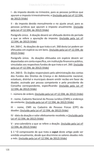 128
Estatuto da Criança e do Adolescente
I - do imposto devido no trimestre, para as pessoas jurídicas que
apuram o imposto trimestralmente; e (Incluído pela Lei nº 12.594,
de 2012) (Vide)
II - do imposto devido mensalmente e no ajuste anual, para as
pessoas jurídicas que apuram o imposto anualmente. (Incluído
pela Lei nº 12.594, de 2012) (Vide)
Parágrafo único. A doação deverá ser efetuada dentro do período
a que se refere a apuração do imposto. (Incluído pela Lei nº
12.594, de 2012) (Vide)
Art. 260-C. As doações de que trata o art. 260 desta Lei podem ser
efetuadas em espécie ou em bens. (Incluído pela Lei nº 12.594, de
2012) (Vide)
Parágrafo único. As doações efetuadas em espécie devem ser
depositadas em conta específica, em instituição financeira pública,
vinculadas aos respectivos fundos de que trata o art. 260. (Incluído
pela Lei nº 12.594, de 2012) (Vide)
Art. 260-D. Os órgãos responsáveis pela administração das contas
dos Fundos dos Direitos da Criança e do Adolescente nacional,
estaduais, distrital e municipais devem emitir recibo em favor do
doador, assinado por pessoa competente e pelo presidente do
Conselho correspondente, especificando: (Incluído pela Lei nº
12.594, de 2012) (Vide)
I - número de ordem; (Incluído pela Lei nº 12.594, de 2012) (Vide)
II - nome, Cadastro Nacional da Pessoa Jurídica (CNPJ) e endereço
do emitente; (Incluído pela Lei nº 12.594, de 2012) (Vide)
III - nome, CNPJ ou Cadastro de Pessoas Físicas (CPF) do
doador; (Incluído pela Lei nº 12.594, de 2012) (Vide)
IV - data da doação e valor efetivamente recebido; e (Incluído pela
Lei nº 12.594, de 2012) (Vide)
V - ano-calendário a que se refere a doação. (Incluído pela Lei nº
12.594, de 2012) (Vide)
§ 1 o
O comprovante de que trata o caput deste artigo pode ser
emitido anualmente, desde que discrimine os valores doados mês
a mês. (Incluído pela Lei nº 12.594, de 2012) (Vide)
 