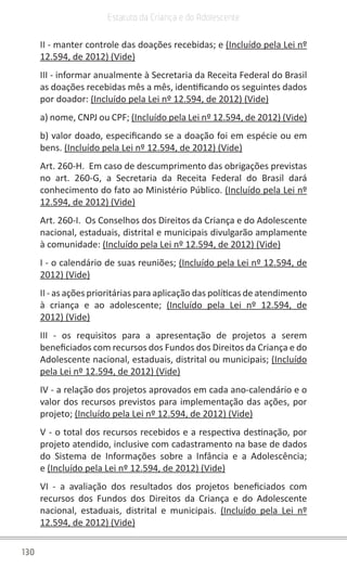 130
Estatuto da Criança e do Adolescente
II - manter controle das doações recebidas; e (Incluído pela Lei nº
12.594, de 2012) (Vide)
III - informar anualmente à Secretaria da Receita Federal do Brasil
as doações recebidas mês a mês, identificando os seguintes dados
por doador: (Incluído pela Lei nº 12.594, de 2012) (Vide)
a) nome, CNPJ ou CPF; (Incluído pela Lei nº 12.594, de 2012) (Vide)
b) valor doado, especificando se a doação foi em espécie ou em
bens. (Incluído pela Lei nº 12.594, de 2012) (Vide)
Art. 260-H. Em caso de descumprimento das obrigações previstas
no art. 260-G, a Secretaria da Receita Federal do Brasil dará
conhecimento do fato ao Ministério Público. (Incluído pela Lei nº
12.594, de 2012) (Vide)
Art. 260-I. Os Conselhos dos Direitos da Criança e do Adolescente
nacional, estaduais, distrital e municipais divulgarão amplamente
à comunidade: (Incluído pela Lei nº 12.594, de 2012) (Vide)
I - o calendário de suas reuniões; (Incluído pela Lei nº 12.594, de
2012) (Vide)
II - as ações prioritárias para aplicação das políticas de atendimento
à criança e ao adolescente; (Incluído pela Lei nº 12.594, de
2012) (Vide)
III - os requisitos para a apresentação de projetos a serem
beneficiados com recursos dos Fundos dos Direitos da Criança e do
Adolescente nacional, estaduais, distrital ou municipais; (Incluído
pela Lei nº 12.594, de 2012) (Vide)
IV - a relação dos projetos aprovados em cada ano-calendário e o
valor dos recursos previstos para implementação das ações, por
projeto; (Incluído pela Lei nº 12.594, de 2012) (Vide)
V - o total dos recursos recebidos e a respectiva destinação, por
projeto atendido, inclusive com cadastramento na base de dados
do Sistema de Informações sobre a Infância e a Adolescência;
e (Incluído pela Lei nº 12.594, de 2012) (Vide)
VI - a avaliação dos resultados dos projetos beneficiados com
recursos dos Fundos dos Direitos da Criança e do Adolescente
nacional, estaduais, distrital e municipais. (Incluído pela Lei nº
12.594, de 2012) (Vide)
 