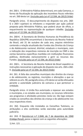 131
Estatuto da Criança e do Adolescente
Art. 260-J. O Ministério Público determinará, em cada Comarca, a
forma de fiscalização da aplicação dos incentivos fiscais referidos
no art. 260 desta Lei. (Incluído pela Lei nº 12.594, de 2012) (Vide)
Parágrafo único. O descumprimento do disposto nos arts. 260-
G e 260-I sujeitará os infratores a responder por ação judicial
proposta pelo Ministério Público, que poderá atuar de ofício, a
requerimento ou representação de qualquer cidadão. (Incluído
pela Lei nº 12.594, de 2012) (Vide)
Art. 260-K. A Secretaria de Direitos Humanos da Presidência da
República (SDH/PR) encaminhará à Secretaria da Receita Federal
do Brasil, até 31 de outubro de cada ano, arquivo eletrônico
contendo a relação atualizada dos Fundos dos Direitos da Criança
e do Adolescente nacional, distrital, estaduais e municipais, com
a indicação dos respectivos números de inscrição no CNPJ e das
contas bancárias específicas mantidas em instituições financeiras
públicas, destinadas exclusivamente a gerir os recursos dos
Fundos. (Incluído pela Lei nº 12.594, de 2012) (Vide)
Art. 260-L. A Secretaria da Receita Federal do Brasil expedirá as
instruções necessárias à aplicação do disposto nos arts. 260 a 260-
K. (Incluído pela Lei nº 12.594, de 2012) (Vide)
Art. 261. A falta dos conselhos municipais dos direitos da criança
e do adolescente, os registros, inscrições e alterações a que se
referem os arts. 90, parágrafo único, e 91 desta Lei serão efetuados
perante a autoridade judiciária da comarca a que pertencer a
entidade.
Parágrafo único. A União fica autorizada a repassar aos estados
e municípios, e os estados aos municípios, os recursos referentes
aos programas e atividades previstos nesta Lei, tão logo estejam
criados os conselhos dos direitos da criança e do adolescente nos
seus respectivos níveis.
Art. 262. Enquanto não instalados os Conselhos Tutelares, as
atribuições a eles conferidas serão exercidas pela autoridade
judiciária.
Art. 263. O Decreto-Lei n.º 2.848, de 7 de dezembro de 1940
(Código Penal), passa a vigorar com as seguintes alterações:
1) Art. 121 ............................................................
 