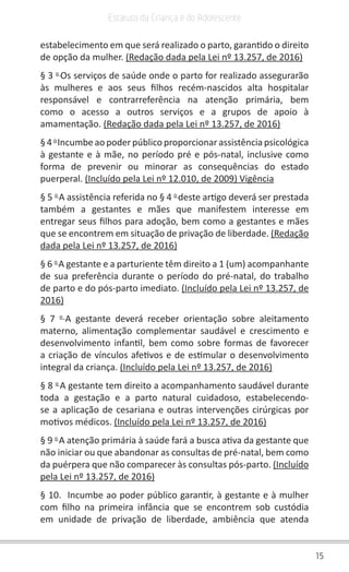 15
Estatuto da Criança e do Adolescente
estabelecimento em que será realizado o parto, garantido o direito
de opção da mulher. (Redação dada pela Lei nº 13.257, de 2016)
§ 3 o
Os serviços de saúde onde o parto for realizado assegurarão
às mulheres e aos seus filhos recém-nascidos alta hospitalar
responsável e contrarreferência na atenção primária, bem
como o acesso a outros serviços e a grupos de apoio à
amamentação. (Redação dada pela Lei nº 13.257, de 2016)
§4 o
Incumbe ao poderpúblico proporcionar assistência psicológica
à gestante e à mãe, no período pré e pós-natal, inclusive como
forma de prevenir ou minorar as consequências do estado
puerperal. (Incluído pela Lei nº 12.010, de 2009) Vigência
§ 5 o
A assistência referida no § 4 o
deste artigo deverá ser prestada
também a gestantes e mães que manifestem interesse em
entregar seus filhos para adoção, bem como a gestantes e mães
que se encontrem em situação de privação de liberdade. (Redação
dada pela Lei nº 13.257, de 2016)
§ 6 o
A gestante e a parturiente têm direito a 1 (um) acompanhante
de sua preferência durante o período do pré-natal, do trabalho
de parto e do pós-parto imediato. (Incluído pela Lei nº 13.257, de
2016)
§ 7 o
A gestante deverá receber orientação sobre aleitamento
materno, alimentação complementar saudável e crescimento e
desenvolvimento infantil, bem como sobre formas de favorecer
a criação de vínculos afetivos e de estimular o desenvolvimento
integral da criança. (Incluído pela Lei nº 13.257, de 2016)
§ 8 o
A gestante tem direito a acompanhamento saudável durante
toda a gestação e a parto natural cuidadoso, estabelecendo-
se a aplicação de cesariana e outras intervenções cirúrgicas por
motivos médicos. (Incluído pela Lei nº 13.257, de 2016)
§ 9 o
A atenção primária à saúde fará a busca ativa da gestante que
não iniciar ou que abandonar as consultas de pré-natal, bem como
da puérpera que não comparecer às consultas pós-parto. (Incluído
pela Lei nº 13.257, de 2016)
§ 10. Incumbe ao poder público garantir, à gestante e à mulher
com filho na primeira infância que se encontrem sob custódia
em unidade de privação de liberdade, ambiência que atenda
 