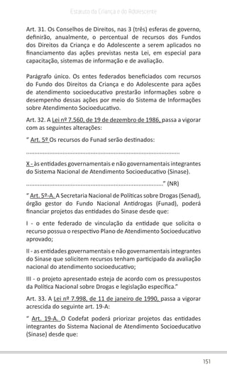 151
Estatuto da Criança e do Adolescente
Art. 31. Os Conselhos de Direitos, nas 3 (três) esferas de governo,
definirão, anualmente, o percentual de recursos dos Fundos
dos Direitos da Criança e do Adolescente a serem aplicados no
financiamento das ações previstas nesta Lei, em especial para
capacitação, sistemas de informação e de avaliação.
Parágrafo único. Os entes federados beneficiados com recursos
do Fundo dos Direitos da Criança e do Adolescente para ações
de atendimento socioeducativo prestarão informações sobre o
desempenho dessas ações por meio do Sistema de Informações
sobre Atendimento Socioeducativo.
Art. 32. A Lei nº 7.560, de 19 de dezembro de 1986, passa a vigorar
com as seguintes alterações:
“ Art. 5º Os recursos do Funad serão destinados:
.............................................................................................
X - às entidades governamentais e não governamentais integrantes
do Sistema Nacional de Atendimento Socioeducativo (Sinase).
...................................................................................” (NR)
“ Art. 5º-A. A Secretaria Nacional de Políticas sobre Drogas (Senad),
órgão gestor do Fundo Nacional Antidrogas (Funad), poderá
financiar projetos das entidades do Sinase desde que:
I - o ente federado de vinculação da entidade que solicita o
recurso possua o respectivo Plano de Atendimento Socioeducativo
aprovado;
II - as entidades governamentais e não governamentais integrantes
do Sinase que solicitem recursos tenham participado da avaliação
nacional do atendimento socioeducativo;
III - o projeto apresentado esteja de acordo com os pressupostos
da Política Nacional sobre Drogas e legislação específica.”
Art. 33. A Lei nº 7.998, de 11 de janeiro de 1990, passa a vigorar
acrescida do seguinte art. 19-A:
“ Art. 19-A. O Codefat poderá priorizar projetos das entidades
integrantes do Sistema Nacional de Atendimento Socioeducativo
(Sinase) desde que:
 