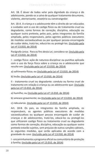 20
Estatuto da Criança e do Adolescente
Art. 18. É dever de todos velar pela dignidade da criança e do
adolescente, pondo-os a salvo de qualquer tratamento desumano,
violento, aterrorizante, vexatório ou constrangedor.
Art. 18-A. A criança e o adolescente têm o direito de ser educados
e cuidados sem o uso de castigo físico ou de tratamento cruel ou
degradante, como formas de correção, disciplina, educação ou
qualquer outro pretexto, pelos pais, pelos integrantes da família
ampliada, pelos responsáveis, pelos agentes públicos executores
de medidas socioeducativas ou por qualquer pessoa encarregada
de cuidar deles, tratá-los, educá-los ou protegê-los. (Incluído pela
Lei nº 13.010, de 2014)
Parágrafo único. Para os fins desta Lei, considera-se: (Incluído pela
Lei nº 13.010, de 2014)
I - castigo físico: ação de natureza disciplinar ou punitiva aplicada
com o uso da força física sobre a criança ou o adolescente que
resulte em: (Incluído pela Lei nº 13.010, de 2014)
a) sofrimento físico; ou (Incluído pela Lei nº 13.010, de 2014)
b) lesão; (Incluído pela Lei nº 13.010, de 2014)
II - tratamento cruel ou degradante: conduta ou forma cruel de
tratamento em relação à criança ou ao adolescente que: (Incluído
pela Lei nº 13.010, de 2014)
a) humilhe; ou (Incluído pela Lei nº 13.010, de 2014)
b) ameace gravemente; ou (Incluído pela Lei nº 13.010, de 2014)
c) ridicularize. (Incluído pela Lei nº 13.010, de 2014)
Art. 18-B. Os pais, os integrantes da família ampliada, os
responsáveis, os agentes públicos executores de medidas
socioeducativas ou qualquer pessoa encarregada de cuidar de
crianças e de adolescentes, tratá-los, educá-los ou protegê-los
que utilizarem castigo físico ou tratamento cruel ou degradante
como formas de correção, disciplina, educação ou qualquer outro
pretexto estarão sujeitos, sem prejuízo de outras sanções cabíveis,
às seguintes medidas, que serão aplicadas de acordo com a
gravidade do caso: (Incluído pela Lei nº 13.010, de 2014)
I - encaminhamento a programa oficial ou comunitário de proteção
à família; (Incluído pela Lei nº 13.010, de 2014)
 