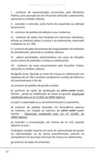 82
Estatuto da Criança e do Adolescente
I - conhecer de representações promovidas pelo Ministério
Público, para apuração de ato infracional atribuído a adolescente,
aplicando as medidas cabíveis;
II - conceder a remissão, como forma de suspensão ou extinção
do processo;
III - conhecer de pedidos de adoção e seus incidentes;
IV - conhecer de ações civis fundadas em interesses individuais,
difusos ou coletivos afetos à criança e ao adolescente, observado
o disposto no art. 209;
V - conhecer de ações decorrentes de irregularidades em entidades
de atendimento, aplicando as medidas cabíveis;
VI - aplicar penalidades administrativas nos casos de infrações
contra norma de proteção à criança ou adolescente;
VII - conhecer de casos encaminhados pelo Conselho Tutelar,
aplicando as medidas cabíveis.
Parágrafo único. Quando se tratar de criança ou adolescente nas
hipóteses do art. 98, é também competente a Justiça da Infância e
da Juventude para o fim de:
a) conhecer de pedidos de guarda e tutela;
b) conhecer de ações de destituição do pátrio poder poder
familiar , perda ou modificação da tutela ou guarda; (Expressão
substituída pela Lei nº 12.010, de 2009) Vigência
c) suprir a capacidade ou o consentimento para o casamento;
d) conhecer de pedidos baseados em discordância paterna
ou materna, em relação ao exercício do pátrio poder poder
familiar ; (Expressão substituída pela Lei nº 12.010, de
2009) Vigência
e) conceder a emancipação, nos termos da lei civil, quando
faltarem os pais;
f) designar curador especial em casos de apresentação de queixa
ou representação, ou de outros procedimentos judiciais ou
extrajudiciais em que haja interesses de criança ou adolescente;
g) conhecer de ações de alimentos;
 