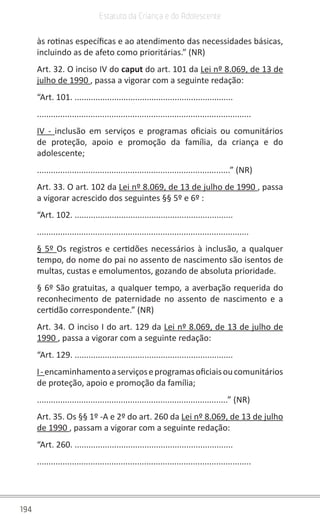 194
Estatuto da Criança e do Adolescente
às rotinas específicas e ao atendimento das necessidades básicas,
incluindo as de afeto como prioritárias.” (NR)
Art. 32. O inciso IV do caput do art. 101 da Lei nº 8.069, de 13 de
julho de 1990 , passa a vigorar com a seguinte redação:
“Art. 101. ....................................................................
............................................................................................
IV - inclusão em serviços e programas oficiais ou comunitários
de proteção, apoio e promoção da família, da criança e do
adolescente;
...................................................................................” (NR)
Art. 33. O art. 102 da Lei nº 8.069, de 13 de julho de 1990 , passa
a vigorar acrescido dos seguintes §§ 5º e 6º :
“Art. 102. ....................................................................
...........................................................................................
§ 5º Os registros e certidões necessários à inclusão, a qualquer
tempo, do nome do pai no assento de nascimento são isentos de
multas, custas e emolumentos, gozando de absoluta prioridade.
§ 6º São gratuitas, a qualquer tempo, a averbação requerida do
reconhecimento de paternidade no assento de nascimento e a
certidão correspondente.” (NR)
Art. 34. O inciso I do art. 129 da Lei nº 8.069, de 13 de julho de
1990 , passa a vigorar com a seguinte redação:
“Art. 129. ....................................................................
I-encaminhamentoaserviçoseprogramasoficiaisoucomunitários
de proteção, apoio e promoção da família;
..................................................................................” (NR)
Art. 35. Os §§ 1º -A e 2º do art. 260 da Lei nº 8.069, de 13 de julho
de 1990 , passam a vigorar com a seguinte redação:
“Art. 260. ....................................................................
............................................................................................
 