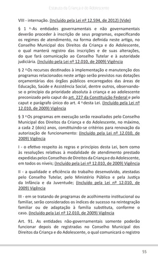 55
Estatuto da Criança e do Adolescente
VIII - internação. (Incluído pela Lei nº 12.594, de 2012) (Vide)
§ 1 o
As entidades governamentais e não governamentais
deverão proceder à inscrição de seus programas, especificando
os regimes de atendimento, na forma definida neste artigo, no
Conselho Municipal dos Direitos da Criança e do Adolescente,
o qual manterá registro das inscrições e de suas alterações,
do que fará comunicação ao Conselho Tutelar e à autoridade
judiciária. (Incluído pela Lei nº 12.010, de 2009) Vigência
§ 2 o
Os recursos destinados à implementação e manutenção dos
programas relacionados neste artigo serão previstos nas dotações
orçamentárias dos órgãos públicos encarregados das áreas de
Educação, Saúde e Assistência Social, dentre outros, observando-
se o princípio da prioridade absoluta à criança e ao adolescente
preconizado pelo caput do art. 227 da Constituição Federal e pelo
caput e parágrafo único do art. 4 o
desta Lei. (Incluído pela Lei nº
12.010, de 2009) Vigência
§ 3 o
Os programas em execução serão reavaliados pelo Conselho
Municipal dos Direitos da Criança e do Adolescente, no máximo,
a cada 2 (dois) anos, constituindo-se critérios para renovação da
autorização de funcionamento: (Incluído pela Lei nº 12.010, de
2009) Vigência
I - o efetivo respeito às regras e princípios desta Lei, bem como
às resoluções relativas à modalidade de atendimento prestado
expedidaspelosConselhosdeDireitosdaCriançaedoAdolescente,
em todos os níveis; (Incluído pela Lei nº 12.010, de 2009) Vigência
II - a qualidade e eficiência do trabalho desenvolvido, atestadas
pelo Conselho Tutelar, pelo Ministério Público e pela Justiça
da Infância e da Juventude; (Incluído pela Lei nº 12.010, de
2009) Vigência
III - em se tratando de programas de acolhimento institucional ou
familiar, serão considerados os índices de sucesso na reintegração
familiar ou de adaptação à família substituta, conforme o
caso. (Incluído pela Lei nº 12.010, de 2009) Vigência
Art. 91. As entidades não-governamentais somente poderão
funcionar depois de registradas no Conselho Municipal dos
Direitos da Criança e do Adolescente, o qual comunicará o registro
 