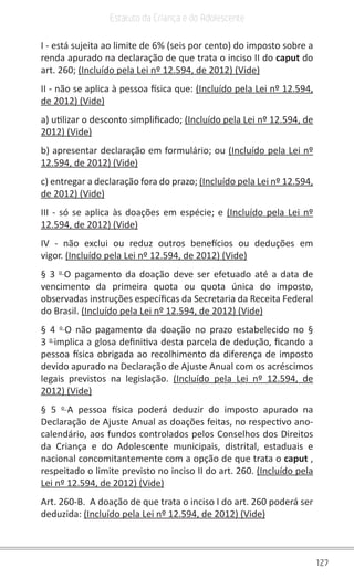 127
Estatuto da Criança e do Adolescente
I - está sujeita ao limite de 6% (seis por cento) do imposto sobre a
renda apurado na declaração de que trata o inciso II do caput do
art. 260; (Incluído pela Lei nº 12.594, de 2012) (Vide)
II - não se aplica à pessoa física que: (Incluído pela Lei nº 12.594,
de 2012) (Vide)
a) utilizar o desconto simplificado; (Incluído pela Lei nº 12.594, de
2012) (Vide)
b) apresentar declaração em formulário; ou (Incluído pela Lei nº
12.594, de 2012) (Vide)
c) entregar a declaração fora do prazo; (Incluído pela Lei nº 12.594,
de 2012) (Vide)
III - só se aplica às doações em espécie; e (Incluído pela Lei nº
12.594, de 2012) (Vide)
IV - não exclui ou reduz outros benefícios ou deduções em
vigor. (Incluído pela Lei nº 12.594, de 2012) (Vide)
§ 3 o 
O pagamento da doação deve ser efetuado até a data de
vencimento da primeira quota ou quota única do imposto,
observadas instruções específicas da Secretaria da Receita Federal
do Brasil. (Incluído pela Lei nº 12.594, de 2012) (Vide)
§ 4 o 
O não pagamento da doação no prazo estabelecido no §
3 o 
implica a glosa definitiva desta parcela de dedução, ficando a
pessoa física obrigada ao recolhimento da diferença de imposto
devido apurado na Declaração de Ajuste Anual com os acréscimos
legais previstos na legislação. (Incluído pela Lei nº 12.594, de
2012) (Vide)
§ 5 o 
A pessoa física poderá deduzir do imposto apurado na
Declaração de Ajuste Anual as doações feitas, no respectivo ano-
calendário, aos fundos controlados pelos Conselhos dos Direitos
da Criança e do Adolescente municipais, distrital, estaduais e
nacional concomitantemente com a opção de que trata o caput ,
respeitado o limite previsto no inciso II do art. 260. (Incluído pela
Lei nº 12.594, de 2012) (Vide)
Art. 260-B.  A doação de que trata o inciso I do art. 260 poderá ser
deduzida: (Incluído pela Lei nº 12.594, de 2012) (Vide)
 