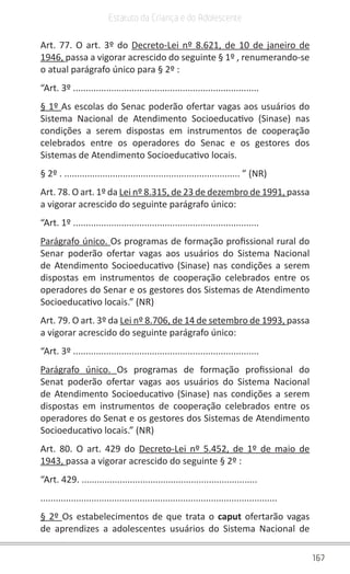 167
Estatuto da Criança e do Adolescente
Art. 77. O art. 3º do Decreto-Lei nº 8.621, de 10 de janeiro de
1946, passa a vigorar acrescido do seguinte § 1º , renumerando-se
o atual parágrafo único para § 2º :
“Art. 3º .........................................................................
§ 1º As escolas do Senac poderão ofertar vagas aos usuários do
Sistema Nacional de Atendimento Socioeducativo (Sinase) nas
condições a serem dispostas em instrumentos de cooperação
celebrados entre os operadores do Senac e os gestores dos
Sistemas de Atendimento Socioeducativo locais.
§ 2º . ..................................................................... ” (NR)
Art. 78. O art. 1º da Lei nº 8.315, de 23 de dezembro de 1991, passa
a vigorar acrescido do seguinte parágrafo único:
“Art. 1º .........................................................................
Parágrafo único. Os programas de formação profissional rural do
Senar poderão ofertar vagas aos usuários do Sistema Nacional
de Atendimento Socioeducativo (Sinase) nas condições a serem
dispostas em instrumentos de cooperação celebrados entre os
operadores do Senar e os gestores dos Sistemas de Atendimento
Socioeducativo locais.” (NR)
Art. 79. O art. 3º da Lei nº 8.706, de 14 de setembro de 1993, passa
a vigorar acrescido do seguinte parágrafo único:
“Art. 3º .........................................................................
Parágrafo único. Os programas de formação profissional do
Senat poderão ofertar vagas aos usuários do Sistema Nacional
de Atendimento Socioeducativo (Sinase) nas condições a serem
dispostas em instrumentos de cooperação celebrados entre os
operadores do Senat e os gestores dos Sistemas de Atendimento
Socioeducativo locais.” (NR)
Art. 80. O art. 429 do Decreto-Lei nº 5.452, de 1º de maio de
1943, passa a vigorar acrescido do seguinte § 2º :
“Art. 429. .....................................................................
.............................................................................................
§ 2º Os estabelecimentos de que trata o caput ofertarão vagas
de aprendizes a adolescentes usuários do Sistema Nacional de
 