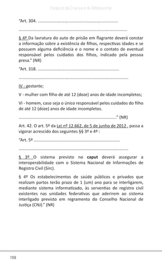 198
Estatuto da Criança e do Adolescente
“Art. 304. ....................................................................
............................................................................................
§ 4º Da lavratura do auto de prisão em flagrante deverá constar
a informação sobre a existência de filhos, respectivas idades e se
possuem alguma deficiência e o nome e o contato de eventual
responsável pelos cuidados dos filhos, indicado pela pessoa
presa.” (NR)
“Art. 318. .....................................................................
.............................................................................................
IV - gestante;
V - mulher com filho de até 12 (doze) anos de idade incompletos;
VI - homem, caso seja o único responsável pelos cuidados do filho
de até 12 (doze) anos de idade incompletos.
...................................................................................” (NR)
Art. 42. O art. 5º da Lei nº 12.662, de 5 de junho de 2012 , passa a
vigorar acrescido dos seguintes §§ 3º e 4º :
“Art. 5º .........................................................................
.............................................................................................
§ 3º O sistema previsto no caput  deverá assegurar a
interoperabilidade com o Sistema Nacional de Informações de
Registro Civil (Sirc).
§ 4º Os estabelecimentos de saúde públicos e privados que
realizam partos terão prazo de 1 (um) ano para se interligarem,
mediante sistema informatizado, às serventias de registro civil
existentes nas unidades federativas que aderirem ao sistema
interligado previsto em regramento do Conselho Nacional de
Justiça (CNJ).” (NR)
 