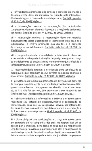 63
Estatuto da Criança e do Adolescente
V - privacidade: a promoção dos direitos e proteção da criança e
do adolescente deve ser efetuada no respeito pela intimidade,
direito à imagem e reserva da sua vida privada; (Incluído pela Lei
nº 12.010, de 2009) Vigência
VI - intervenção precoce: a intervenção das autoridades
competentes deve ser efetuada logo que a situação de perigo seja
conhecida; (Incluído pela Lei nº 12.010, de 2009) Vigência
VII - intervenção mínima: a intervenção deve ser exercida
exclusivamente pelas autoridades e instituições cuja ação seja
indispensável à efetiva promoção dos direitos e à proteção
da criança e do adolescente; (Incluído pela Lei nº 12.010, de
2009) Vigência
VIII - proporcionalidade e atualidade: a intervenção deve ser
a necessária e adequada à situação de perigo em que a criança
ou o adolescente se encontram no momento em que a decisão é
tomada; (Incluído pela Lei nº 12.010, de 2009) Vigência
IX - responsabilidade parental: a intervenção deve ser efetuada de
modo que os pais assumam os seus deveres para com a criança e o
adolescente; (Incluído pela Lei nº 12.010, de 2009) Vigência
X - prevalência da família: na promoção de direitos e na proteção
da criança e do adolescente deve ser dada prevalência às medidas
queosmantenhamoureintegremnasuafamílianaturalouextensa
ou, se isso não for possível, que promovam a sua integração em
família adotiva; (Redação dada pela Lei nº 13.509, de 2017)
XI - obrigatoriedade da informação: a criança e o adolescente,
respeitado seu estágio de desenvolvimento e capacidade de
compreensão, seus pais ou responsável devem ser informados
dos seus direitos, dos motivos que determinaram a intervenção e
da forma como esta se processa; (Incluído pela Lei nº 12.010, de
2009) Vigência
XII - oitiva obrigatória e participação: a criança e o adolescente,
em separado ou na companhia dos pais, de responsável ou de
pessoa por si indicada, bem como os seus pais ou responsável,
têm direito a ser ouvidos e a participar nos atos e na definição da
medida de promoção dos direitos e de proteção, sendo sua opinião
devidamente considerada pela autoridade judiciária competente,
 