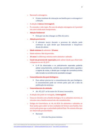 2



                        o     Nacional e estrangeiro.
                                         O único instituto de colocação em família para o estrangeiro é
                                         a Adoção;
                        o     A adoção é única e irrevogável;
                        o     É a exceção, e não regra. No caso da adoção estrangeira só é possível
                              em casos ainda mais excepcionais;
                        o     Adoção Unilateral:
                                         Feita por um dos cônjuges ao filho do outro;
                        o     Adoção post morte:
                                         O adotante morre durante o processo de adoção, pode
                                         continuar na ação desde que demonstrado o inequívoco
                                         desejo de adotar.
                        o     Idade mínima do adotante: 18 anos;
                        o     Idade máxima: Não há previsão;
                        o     16 anos é a diferença mínima entre adotante e adotado.
                        o     Casal em processo de separação pode adotar desde que observado
                              o disposto no art. 42, § 4º:
                                         § 4º Os divorciados e os judicialmente separados poderão
                                         adotar conjuntamente, contanto que acordem sobre a guarda e
                                         o regime de visitas, e desde que o estágio de convivência tenha
                                         sido iniciado na constância da sociedade conjugal.

                        o     Consentimento dos pais biológicos:
                                         Para adotar precisa ter o consentimento dos pais biológicos.
                                         O consentimento pode ser revisto pelos pais até a data da
                                         publicação da sentença.
                        o     Consentimento do adotado:
                                         Art. 45, § 2º: se for maior de 18 anos é necessário.
                        o     A adoção não pode ser revogada, é irrevogável.
                        o     Cessa os vínculos com a família biológica. Se os adotantes morrem, os
                              vínculos com a família natural não são restabelecidos.
                        o     Estágio de Convivência: at. 46, do ECA: Os adotantes e adotados ao
                              ficar juntos para saber se tem condições de formar uma família. Isso
                              ocorre pelo prazo que a autoridade judicial fixar. No entanto têm que
                              ser observado peculiaridades:
                                         Nacional:
                                              o     A lei não fixa prazo mínimo.



D(JH):JOSE HENRIQUEMY DOCSNACIONALDIREITOCURSOS2009LFG-OAB1ª FASEQUESTOESECA
www.josehenriqueazeredo.blogspot.com | josehenrique@josehenrique.com.br | www.twitter.com/josehenrique
 