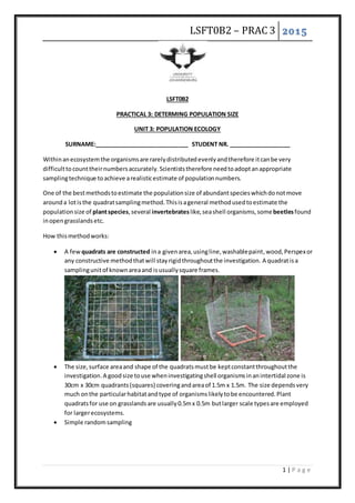 LSFT0B2 – PRAC 3 2015
1 | P a g e
LSFT0B2
PRACTICAL 3: DETERMING POPULATION SIZE
UNIT 3: POPULATION ECOLOGY
SURNAME:_____________________________ STUDENT NR. ___________________
Withinanecosystemthe organismsare rarelydistributedevenlyandtherefore itcanbe very
difficulttocounttheirnumbersaccurately.Scientiststherefore needtoadoptanappropriate
samplingtechnique toachieve arealisticestimate of populationnumbers.
One of the bestmethodstoestimate the populationsize of abundantspecieswhichdonotmove
arounda lotisthe quadratsamplingmethod.Thisisageneral methodusedtoestimate the
populationsize of plantspecies,several invertebrateslike,seashell organisms,somebeetlesfound
inopengrasslandsetc.
How thismethodworks:
 A few quadrats are constructed ina givenarea,usingline,washablepaint,wood,Perspexor
any constructive methodthatwill stayrigidthroughoutthe investigation. A quadratisa
samplingunitof knownareaand isusuallysquare frames.
 The size,surface areaand shape of the quadratsmustbe keptconstantthroughoutthe
investigation.A goodsize touse wheninvestigatingshell organismsinanintertidal zone is
30cm x 30cm quadrants(squares) coveringandareaof 1.5m x 1.5m. The size dependsvery
much onthe particularhabitatandtype of organismslikelytobe encountered.Plant
quadratsfor use on grasslandsare usually0.5mx 0.5m butlarger scale typesare employed
for largerecosystems.
 Simple randomsampling
 