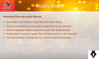 Reality Check
Inferences from the media dipstick:
• Sony Max is perceived to have the best movie library
• Zee Cinema & Set Max are major competition to the Channel
• Almost negligible media awareness about the spokesperson
• Media doesn’t receive regular flow of information on the channel
• The channel does not highlight its reserve of good Hindi films
 