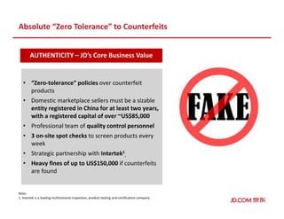 Absolute “Zero Tolerance” to Counterfeits
AUTHENTICITY – JD’s Core Business Value
• “Zero-tolerance” policies over counterfeit
products
• Domestic marketplace sellers must be a sizable
entity registered in China for at least two years,
with a registered capital of over ~US$85,000
• Professional team of quality control personnel
• 3 on-site spot checks to screen products every
week
• Strategic partnership with Intertek1
.
• Heavy fines of up to US$150,000 if counterfeits
are found
Note:
1. Intertek is a leading multinational inspection, product testing and certification company.
 