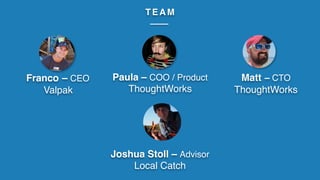 Franco – CEO
Valpak
Paula – COO / Product
ThoughtWorks
Matt – CTO
ThoughtWorks
TEAM
Joshua Stoll – Advisor
Local Catch
 