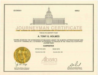 Alberta Journeyman Carpenter Certificate