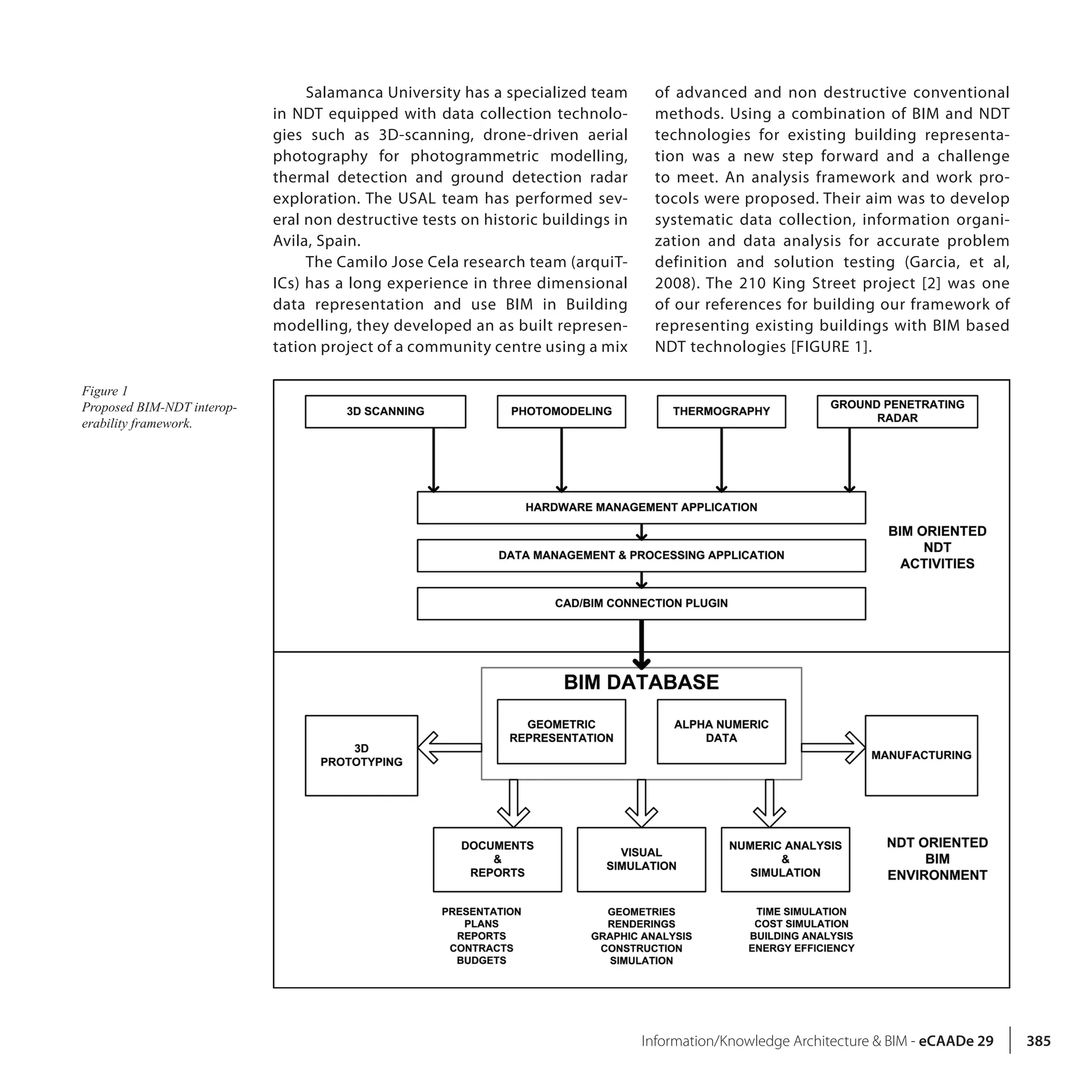Information/Knowledge Architecture & BIM - eCAADe 29 385
Salamanca University has a specialized team
in NDT equipped with data collection technolo-
gies such as 3D-scanning, drone-driven aerial
photography for photogrammetric modelling,
thermal detection and ground detection radar
exploration. The USAL team has performed sev-
eral non destructive tests on historic buildings in
Avila, Spain.
The Camilo Jose Cela research team (arquiT-
ICs) has a long experience in three dimensional
data representation and use BIM in Building
modelling, they developed an as built represen-
tation project of a community centre using a mix
of advanced and non destructive conventional
methods. Using a combination of BIM and NDT
technologies for existing building representa-
tion was a new step forward and a challenge
to meet. An analysis framework and work pro-
tocols were proposed. Their aim was to develop
systematic data collection, information organi-
zation and data analysis for accurate problem
definition and solution testing (Garcia, et al,
2008). The 210 King Street project [2] was one
of our references for building our framework of
representing existing buildings with BIM based
NDT technologies [FIGURE 1].
Figure 1
Proposed BIM-NDT interop-
erability framework.
 