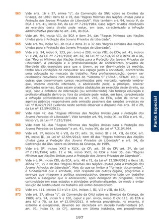 197
ParteEspecial
563 Vide arts. 16 e 37, alínea “c”, da Convenção da ONU sobre os Direitos da
Criança, de 1989; itens 61 e 78, das “Regras Mínimas das Nações Unidas para a
Proteção dos Jovens Privados de Liberdade”. Vide também art. 94, inciso V, do
ECA e art. 41, inciso XV, da Lei nº 7.210/1984. Caso sejam criados obstáculos
ao exercício deste direito pode restar, em tese, caracterizada a infração
administrativa prevista no art. 246, do ECA.
564 Vide art. 94, inciso VII, do ECA e item 34, das “Regras Mínimas das Nações
Unidas para a Proteção dos Jovens Privados de Liberdade”.
565 Vide art. 94, inciso VII, do ECA e itens 31 a 37 das “Regras Mínimas das Nações
Unidas para a Proteção dos Jovens Privados de Liberdade”.
566 Vide arts. 94, inciso X, 123, par. único e 208, inciso VIII, do ECA; art. 41, incisos
VI e VII, da Lei nº 7.210/1984; art. 82, da Lei nº 12.594/2012 e itens 38 a 46,
das “Regras Mínimas das Nações Unidas para a Proteção dos Jovens Privados de
Liberdade”. A educação e a profissionalização de adolescentes privados de
liberdade são essenciais para que o jovem, ao ser desvinculado da medida,
tenha reais condições de conquistar seu espaço junto à sociedade, encontrando
uma colocação no mercado de trabalho. Para profissionalização, devem ser
celebrados convênios com entidades do “Sistema S” (SENAI, SENAC etc.), ou
outras que desenvolvam cursos reconhecidos pelo mercado, valendo lembrar
que, mesmo estando internado, o adolescente pode, a princípio, realizar
atividades externas. Caso sejam criados obstáculos ao exercício deste direito, ou
seja, caso a entidade de internação (ou semiliberdade) não forneça educação e
profissionalização dentro ou fora da unidade pode restar, em tese, caracterizada
a infração administrativa prevista no art. 246, do ECA, além de tornar os
agentes públicos responsáveis pela omissão passíveis das sanções previstas na
Lei nº 8.429/1992 (valendo neste sentido observar o disposto nos arts. 28 e 29,
da Lei nº 12.594/2012).
567 Vide item 47, das “Regras Mínimas das Nações Unidas para a Proteção dos
Jovens Privados de Liberdade”. Vide também art. 94, inciso XI, do ECA e art. 41,
inciso VI, da Lei nº 7.210/1984.
568 Vide item 62, das “Regras Mínimas das Nações Unidas para a Proteção dos
Jovens Privados de Liberdade” e art. 41, inciso XV, da Lei nº 7.210/1984.
569 Vide art. 5º, incisos VI e VII, da CF; arts. 16, inciso III e 94, XII, do ECA; art.
49, inciso III, da Lei nº 12.594/2012; item 48 das “Regras Mínimas das Nações
Unidas para a Proteção dos Jovens Privados de Liberdade” e art. 14, da
Convenção da ONU sobre os Direitos da Criança, de 1989.
570 Vide art. 5º, incisos XXII e XLIX, da CF; art. 38 do CP; art. 3º, da Lei
nº 7.210/1984; arts. 17 e 94, inciso XVII, do ECA e item 35, das “Regras
Mínimas das Nações Unidas para a Proteção dos Jovens Privados de Liberdade”.
571 Vide art. 94, inciso XIX, do ECA; arts. 48 e 71, da Lei nº 12.594/2012 e itens 18,
alínea “c”, 79 e 80 das “Regras Mínimas das Nações Unidas para a Proteção dos
Jovens Privados de Liberdade”. Mais do que se limitar a “fornecer documentos”,
é fundamental que a entidade, com respaldo em outros órgãos, programas e
serviços que integram a política socioeducativa, desenvolva todo um trabalho
voltado a assegurar que o adolescente, após desligado do programa, tenha
continuidade em seus estudos e atividades profissionalizantes, de modo a evitar
solução de continuidade no trabalho até então desenvolvido.
572 Vide art. 111, incisos III e VI e 124, incisos I, III, VII e VIII, do ECA.
573 Vide art. 37, alínea “c”, da Convenção da ONU sobre os Direitos da Criança, de
1989; arts. 94, inciso V e 100, caput e par. único, inciso X c/c 113, do ECA e
arts 67 a 70, da Lei nº 12.594/2012. A referida providência, no entanto, é
extrema e excepcional, devendo ser decretada em decisão fundamentada (cf.
art. 93, inciso IX, da CF), apenas em última instância, em procedimento
 
