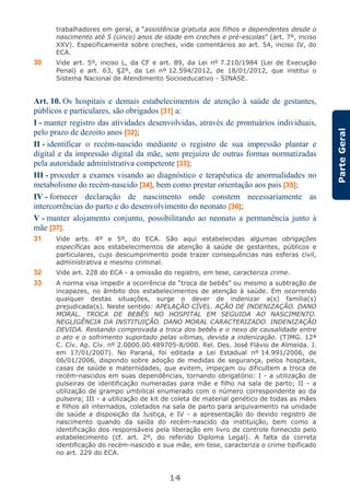 14
ParteGeral
trabalhadores em geral, a “assistência gratuita aos filhos e dependentes desde o
nascimento até 5 (cinco) anos de idade em creches e pré-escolas” (art. 7º, inciso
XXV). Especificamente sobre creches, vide comentários ao art. 54, inciso IV, do
ECA.
30 Vide art. 5º, inciso L, da CF e art. 89, da Lei nº 7.210/1984 (Lei de Execução
Penal) e art. 63, §2º, da Lei nº 12.594/2012, de 18/01/2012, que institui o
Sistema Nacional de Atendimento Socioeducativo - SINASE.
Art. 10. Os hospitais e demais estabelecimentos de atenção à saúde de gestantes,
públicos e particulares, são obrigados [31] a:
I - manter registro das atividades desenvolvidas, através de prontuários individuais,
pelo prazo de dezoito anos [32];
II - identificar o recém-nascido mediante o registro de sua impressão plantar e
digital e da impressão digital da mãe, sem prejuízo de outras formas normatizadas
pela autoridade administrativa competente [33];
III - proceder a exames visando ao diagnóstico e terapêutica de anormalidades no
metabolismo do recém-nascido [34], bem como prestar orientação aos pais [35];
IV - fornecer declaração de nascimento onde constem necessariamente as
intercorrências do parto e do desenvolvimento do neonato [36];
V - manter alojamento conjunto, possibilitando ao neonato a permanência junto à
mãe [37].
31 Vide arts. 4º e 5º, do ECA. São aqui estabelecidas algumas obrigações
específicas aos estabelecimentos de atenção à saúde de gestantes, públicos e
particulares, cujo descumprimento pode trazer consequências nas esferas civil,
administrativa e mesmo criminal.
32 Vide art. 228 do ECA - a omissão do registro, em tese, caracteriza crime.
33 A norma visa impedir a ocorrência de “troca de bebês” ou mesmo a subtração de
incapazes, no âmbito dos estabelecimentos de atenção à saúde. Em ocorrendo
qualquer destas situações, surge o dever de indenizar a(s) família(s)
prejudicada(s). Neste sentido: APELAÇÃO CÍVEL. AÇÃO DE INDENIZAÇÃO. DANO
MORAL. TROCA DE BEBÊS NO HOSPITAL EM SEGUIDA AO NASCIMENTO.
NEGLIGÊNCIA DA INSTITUIÇÃO. DANO MORAL CARACTERIZADO. INDENIZAÇÃO
DEVIDA. Restando comprovada a troca dos bebês e o nexo de causalidade entre
o ato e o sofrimento suportado pelas vítimas, devida a indenização. (TJMG. 12ª
C. Cív. Ap. Cív. nº 2.0000.00.489705-8/000. Rel. Des. José Flávio de Almeida. J.
em 17/01/2007). No Paraná, foi editada a Lei Estadual nº 14.991/2006, de
06/01/2006, dispondo sobre adoção de medidas de segurança, pelos hospitais,
casas de saúde e maternidades, que evitem, impeçam ou dificultem a troca de
recém-nascidos em suas dependências, tornando obrigatório: I - a utilização de
pulseiras de identificação numeradas para mãe e filho na sala de parto; II - a
utilização de grampo umbilical enumerado com o número correspondente ao da
pulseira; III - a utilização de kit de coleta de material genético de todas as mães
e filhos ali internados, coletados na sala de parto para arquivamento na unidade
de saúde a disposição da Justiça, e IV - a apresentação do devido registro de
nascimento quando da saída do recém-nascido da instituição, bem como a
identificação dos responsáveis pela liberação em livro de controle fornecido pelo
estabelecimento (cf. art. 2º, do referido Diploma Legal). A falta da correta
identificação do recém-nascido e sua mãe, em tese, caracteriza o crime tipificado
no art. 229 do ECA.
 