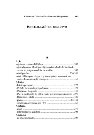 Estatuto da Criança e do Adolescente Interpretado                             445




                 ÍNDICE ALFABÉTICO REMISSIVO




                                             A
Ação
- ajuizada contra a Edilidade ...................................................335
- ajuizada contra Município objetivando inclusão de família de
  menor no programa oficial de auxílio .....................................335
- civil pública ..................................................................256/356
- civil pública para obrigar o governo goiano a construir um
  centro de recuperação e triagem .............................................58
Adoção
- Intuitu personae ...................................................................272
- Pedido formulado por padrasto ...........................................127
- Póstuma - Requisito ............................................................136
- Prévia destituição do pátrio poder em processo autônomo ...278
- Requisito - Idade .................................................................129
- plena ..............................................................................65/139
- simples concretizada em 1981 ................................................66
Apelação
- cível ....................................................................................277
- interposta pela genitora ........................................................304
Apuração
- de irregularidade ..................................................................308
 