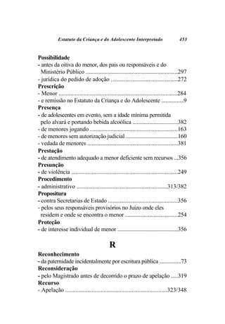 Estatuto da Criança e do Adolescente Interpretado                         453


Possibilidade
- antes da oitiva do menor, dos pais ou responsáveis e do
  Ministério Público ................................................................297
- jurídica do pedido de adoção ..............................................272
Prescrição
- Menor ................................................................................284
- e remissão no Estatuto da Criança e do Adolescente ................9
Presença
- de adolescentes em evento, sem a idade mínima permitida
  pelo alvará e portando bebida alcoólica ................................382
- de menores jogando ............................................................163
- de menores sem autorização judicial .....................................160
- vedada de menores ..............................................................381
Prestação
- de atendimento adequado a menor deficiente sem recursos ...356
Presunção
- de violência .........................................................................249
Procedimento
- administrativo ...............................................................313/382
Propositura
- contra Secretarias de Estado ................................................356
- pelos seus responsáveis provisórios no Juízo onde eles
  residem e onde se encontra o menor .....................................254
Proteção
- de interesse individual de menor ...........................................356

                                           R
Reconhecimento
- da paternidade incidentalmente por escritura pública ................73
Reconsideração
- pelo Magistrado antes de decorrido o prazo de apelação .....319
Recurso
- Apelação .....................................................................323/348
 