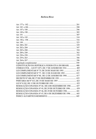 Barbosa Riezo


Art. 177 a 182 .................................................................................................... 281
Art. 183 a 186 .................................................................................................... 288
Art. 187 e 188 ..................................................................................................... 296
Art. 189 a 190 ..................................................................................................... 303
Art. 191 .............................................................................................................. 307
Art. 192 a 195 ..................................................................................................... 310
Art. 196 a 198 .................................................................................................... 316
Art. 199 ............................................................................................................... 323
Art. 200 e 201 ..................................................................................................... 329
Art. 202 a 204 .................................................................................................... 347
Art. 205 a 208 .................................................................................................... 354
Art. 209 a 249 ..................................................................................................... 362
Art. 250 a 258 ..................................................................................................... 379
Art. 259 a 263 ..................................................................................................... 386
Art. 264 a 267 ..................................................................................................... 396
Legislação complementar ................................................................................ 399
CONSTITUIÇÃO DA REPÚBLICA FEDERATIVA DO BRASIL .............. 400
CÓDIGO CIVIL - LEI Nº 3.071, DE 1º DE JANEIRO DE 1916 ..................... 405
LEI COMPLEMENTAR Nº 75, DE 20 DE MAIO DE 1993 ........................... 413
LEI COMPLEMENTAR Nº 77, DE 13 DE JULHO DE 1993 ........................ 415
LEI COMPLEMENTAR Nº 80, DE 12 DE JANEIRO DE 1994 .................... 417
DECRETO Nº 408, DE 27 DE DEZEMBRO DE 1991 .................................... 419
PORTARIA MJ Nº 413, DE 19 DE MAIO DE 1997 ....................................... 423
LEI Nº 8.242, DE 12 DE OUTUBRO DE 1991 ................................................. 433
RESOLUÇÃO CONANDA Nº 44, DE 6 DE DEZEMBRO DE 1996 ........... 437
RESOLUÇÃO CONANDA Nº 45, DE 29 DE OUTUBRO DE 1996 ............. 439
RESOLUÇÃO CONANDA Nº 46, DE 29 DE OUTUBRO 1996 ................... 441
RESOLUÇÃO CONANDA Nº 47, DE 6 DE DEZEMBRO DE 1996 ............ 443
ÍNDICE ALFABÉTICO-REMISSIVO ............................................................. 445
 