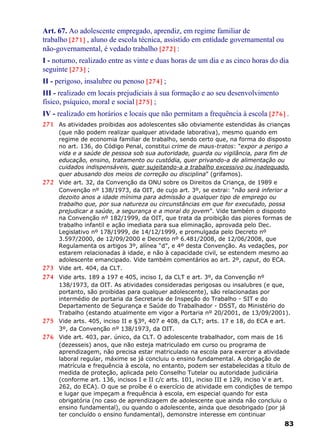 Art. 67. Ao adolescente empregado, aprendiz, em regime familiar de
trabalho [271] , aluno de escola técnica, assistido em entidade governamental ou
não-governamental, é vedado trabalho [272] :
I - noturno, realizado entre as vinte e duas horas de um dia e as cinco horas do dia
seguinte [273] ;
II - perigoso, insalubre ou penoso [274] ;
III - realizado em locais prejudiciais à sua formação e ao seu desenvolvimento
físico, psíquico, moral e social [275] ;
IV - realizado em horários e locais que não permitam a frequência à escola [276] .
271 As atividades proibidas aos adolescentes são obviamente estendidas às crianças
(que não podem realizar qualquer atividade laborativa), mesmo quando em
regime de economia familiar de trabalho, sendo certo que, na forma do disposto
no art. 136, do Código Penal, constitui crime de maus-tratos: “expor a perigo a
vida e a saúde de pessoa sob sua autoridade, guarda ou vigilância, para fim de
educação, ensino, tratamento ou custódia, quer privando-a de alimentação ou
cuidados indispensáveis, quer sujeitando-a a trabalho excessivo ou inadequado,
quer abusando dos meios de correção ou disciplina” (grifamos).
272 Vide art. 32, da Convenção da ONU sobre os Direitos da Criança, de 1989 e
Convenção nº 138/1973, da OIT, de cujo art. 3º, se extrai: “não será inferior a
dezoito anos a idade mínima para admissão a qualquer tipo de emprego ou
trabalho que, por sua natureza ou circunstâncias em que for executado, possa
prejudicar a saúde, a segurança e a moral do jovem”. Vide também o disposto
na Convenção nº 182/1999, da OIT, que trata da proibição das piores formas de
trabalho infantil e ação imediata para sua eliminação, aprovada pelo Dec.
Legislativo nº 178/1999, de 14/12/1999, e promulgada pelo Decreto nº
3.597/2000, de 12/09/2000 e Decreto nº 6.481/2008, de 12/06/2008, que
Regulamenta os artigos 3º, alínea “d”, e 4º desta Convenção. As vedações, por
estarem relacionadas à idade, e não à capacidade civil, se estendem mesmo ao
adolescente emancipado. Vide também comentários ao art. 2º, caput, do ECA.
273 Vide art. 404, da CLT.
274 Vide arts. 189 a 197 e 405, inciso I, da CLT e art. 3º, da Convenção nº
138/1973, da OIT. As atividades consideradas perigosas ou insalubres (e que,
portanto, são proibidas para qualquer adolescente), são relacionadas por
intermédio de portaria da Secretaria de Inspeção do Trabalho - SIT e do
Departamento de Segurança e Saúde do Trabalhador - DSST, do Ministério do
Trabalho (estando atualmente em vigor a Portaria nº 20/2001, de 13/09/2001).
275 Vide arts. 405, inciso II e §3º, 407 e 408, da CLT; arts. 17 e 18, do ECA e art.
3º, da Convenção nº 138/1973, da OIT.
276 Vide art. 403, par. único, da CLT. O adolescente trabalhador, com mais de 16
(dezesseis) anos, que não esteja matriculado em curso ou programa de
aprendizagem, não precisa estar matriculado na escola para exercer a atividade
laboral regular, máxime se já concluiu o ensino fundamental. A obrigação de
matrícula e frequência à escola, no entanto, podem ser estabelecidas a título de
medida de proteção, aplicada pelo Conselho Tutelar ou autoridade judiciária
(conforme art. 136, incisos I e II c/c arts. 101, inciso III e 129, inciso V e art.
262, do ECA). O que se proíbe é o exercício de atividade em condições de tempo
e lugar que impeçam a frequência à escola, em especial quando for esta
obrigatória (no caso de aprendizagem de adolescente que ainda não concluiu o
ensino fundamental), ou quando o adolescente, ainda que desobrigado (por já
ter concluído o ensino fundamental), demonstre interesse em continuar
83
 