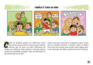 Família é tudo de bom




C
      omo as famílias podem ser diferentes umas          Outra coisa que o texto diz é o seguinte: o pai e a mãe
      das outras, está escrito no estatuto que irmãos,   têm os mesmos direitos e deveres sobre os ﬁlhos.
      mesmo que de pais ou mães diferentes, de           Caso eles não entrem num acordo sobre algum pon-
sangue ou adotivos, terão direitos e deveres iguais.     to da educação dos ﬁlhos, podem recorrer à Justiça.
Assim, ﬁca proibido qualquer tipo de diferença ou
discriminação entre eles.



                                                                                                              17
 