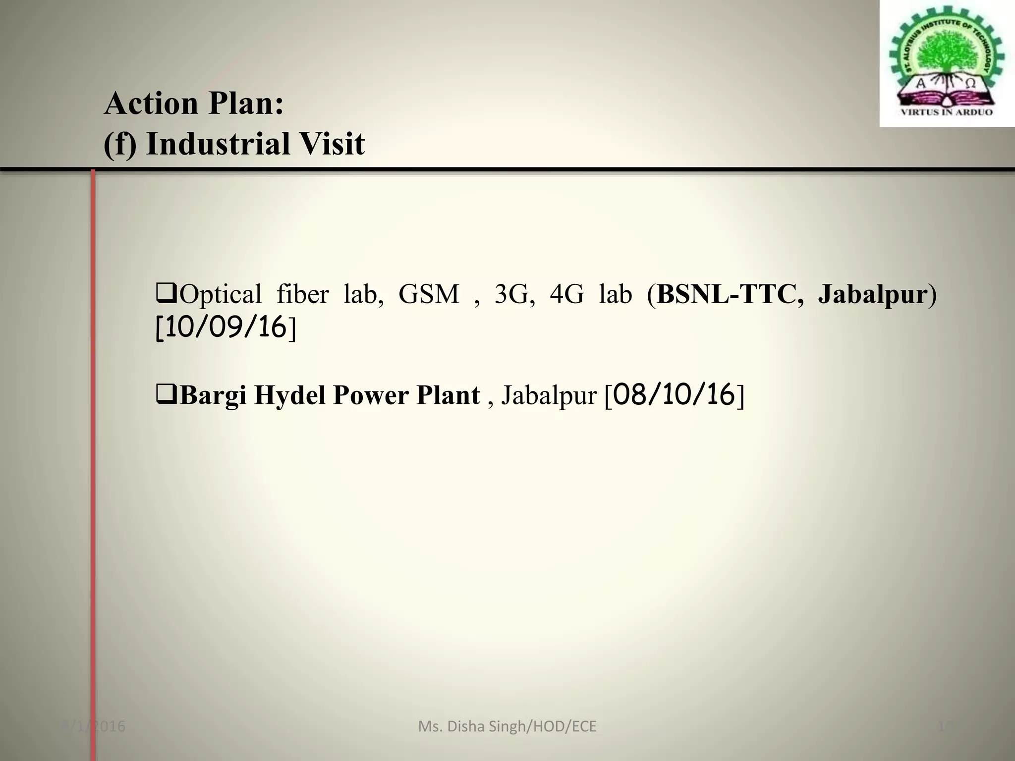 Action Plan:
(f) Industrial Visit
Optical fiber lab, GSM , 3G, 4G lab (BSNL-TTC, Jabalpur)
[10/09/16]
Bargi Hydel Power Plant , Jabalpur [08/10/16]
8/1/2016 10Ms. Disha Singh/HOD/ECE
 