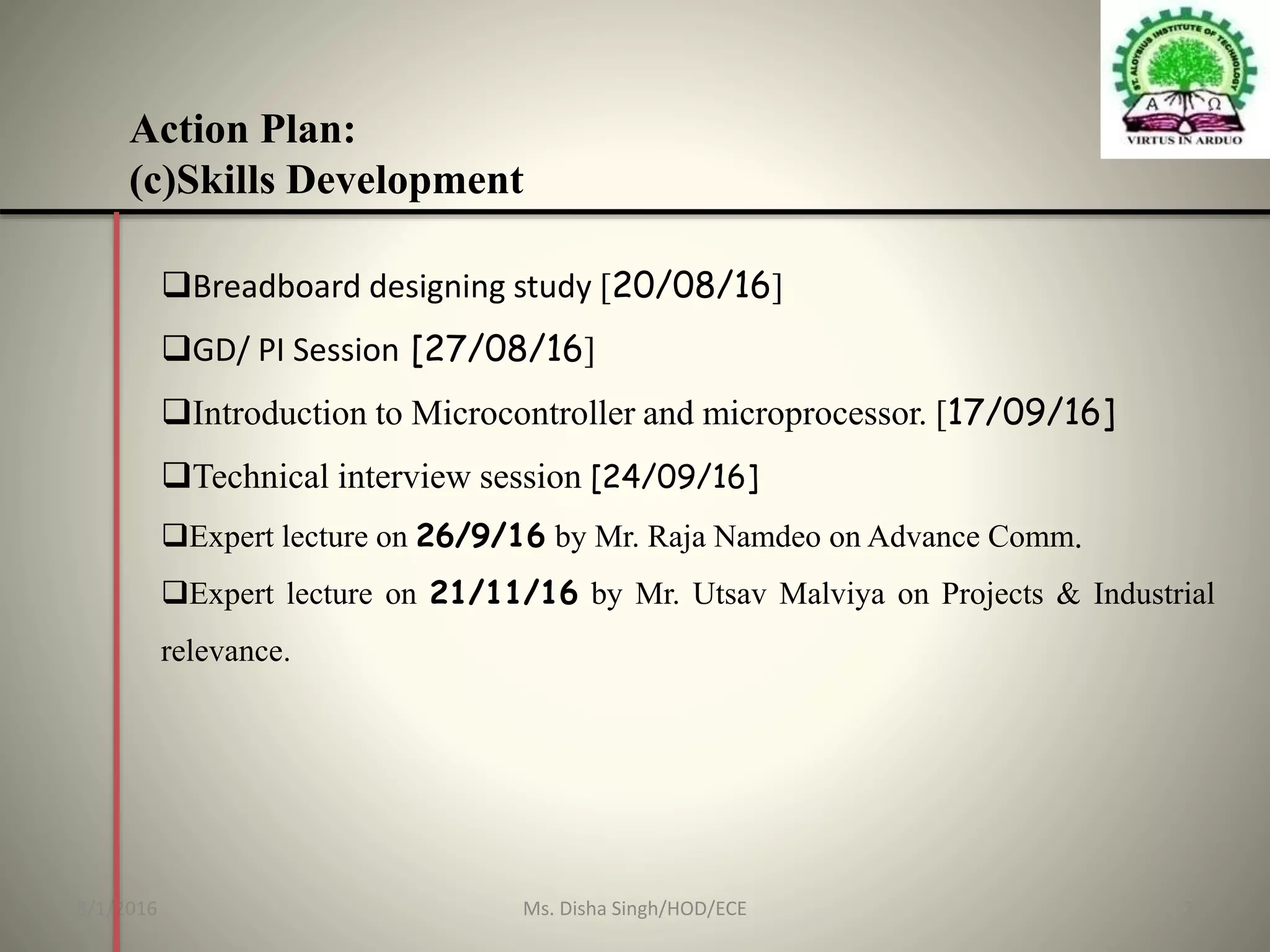Action Plan:
(c)Skills Development
Breadboard designing study [20/08/16]
GD/ PI Session [27/08/16]
Introduction to Microcontroller and microprocessor. [17/09/16]
Technical interview session [24/09/16]
Expert lecture on 26/9/16 by Mr. Raja Namdeo on Advance Comm.
Expert lecture on 21/11/16 by Mr. Utsav Malviya on Projects & Industrial
relevance.
8/1/2016 7Ms. Disha Singh/HOD/ECE
 