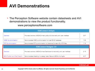 AVI Demonstrations

     • The Perception Software website contain datasheets and AVI
       demonstrations to view the product functionality.
             www.perceptionsoftware.com




24           Copyright © 2010, Oracle and/or its affiliates. All rights reserved. Oracle Proprietary and Confidential.
 