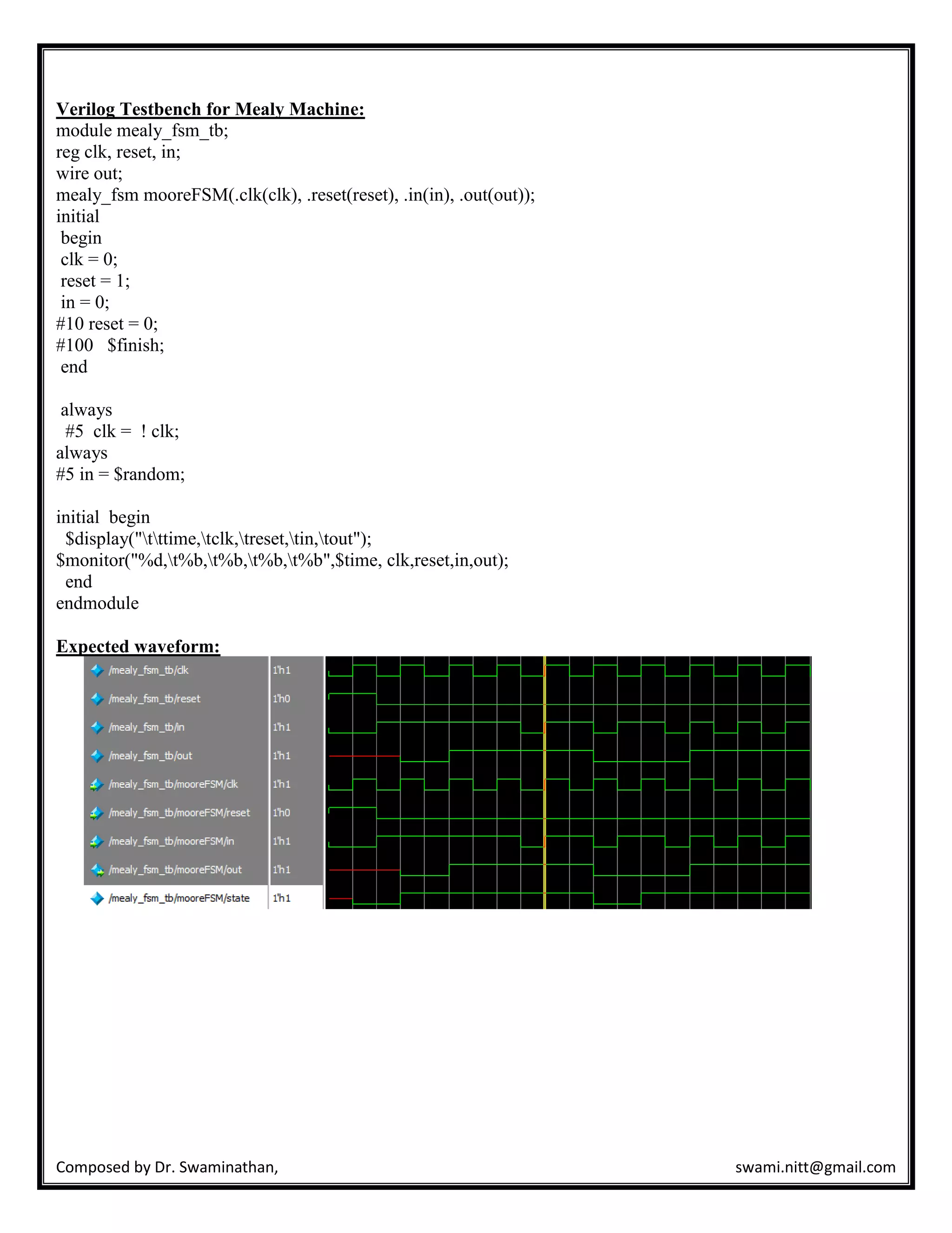 Composed by Dr. Swaminathan, swami.nitt@gmail.com
Verilog Testbench for Mealy Machine:
module mealy_fsm_tb;
reg clk, reset, in;
wire out;
mealy_fsm mooreFSM(.clk(clk), .reset(reset), .in(in), .out(out));
initial
begin
clk = 0;
reset = 1;
in = 0;
#10 reset = 0;
#100 $finish;
end
always
#5 clk = ! clk;
always
#5 in = $random;
initial begin
$display("tttime,tclk,treset,tin,tout");
$monitor("%d,t%b,t%b,t%b,t%b",$time, clk,reset,in,out);
end
endmodule
Expected waveform:
 