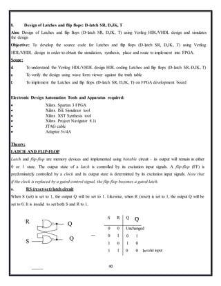 40
S R Q Q
0
0
1
1
0
1
0
1
Unchanged
0
1
0
1
0
0 In
8. Design of Latches and flip flops: D-latch SR, D,JK, T
Aim: Design of Latches and flip flops (D-latch SR, D,JK, T) using Verilog HDL/VHDL design and simulates
the design
Objective: To develop the source code for Latches and flip flops (D-latch SR, D,JK, T) using Verilog
HDL/VHDL design in order to obtain the simulation, synthesis, place and route to implement into FPGA.
Scope:
d. To understand the Verilog HDL/VHDL design HDL coding Latches and flip flops (D-latch SR, D,JK, T)
e. To verify the design using wave form viewer against the truth table
f. To implement the Latches and flip flops (D-latch SR, D,JK, T) on FPGA development board
Electronic Design Automation Tools and Apparatus required:
 Xilinx Spartan 3 FPGA
 Xilinx ISE Simulator tool
 Xilinx XST Synthesis tool
 Xilinx Project Navigator 8.1i
 JTAG cable
 Adaptor 5v/4A
Theory:
LATCH AND FLIP-FLOP
Latch and flip-flop are memory devices and implemented using bistable circuit - its output will remain in either
0 or 1 state. The output state of a latch is controlled by its excitation input signals. A flip-flop (FF) is
predominately controlled by a clock and its output state is determinted by its excitation input signals. Note that
if the clock is replaced by a gated control signal, the flip-flop becomes a gated latch.
a. RS (reset-set) latch circuit
When S (set) is set to 1, the output Q will be set to 1. Likewise, when R (reset) is set to 1, the output Q will be
set to 0. It is invalid to set both S and R to 1.
Q
Q
valid input
R
S
 