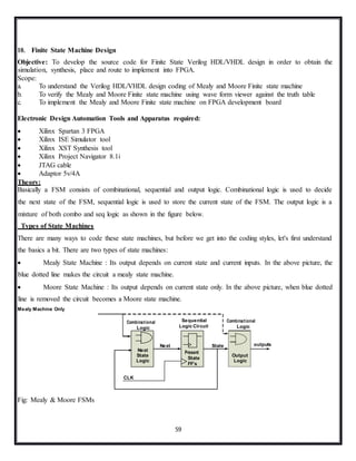 59
Combinational
Logic
Sequential
Logic Circuit
Combinational
Logic
Next State outputs
Next
State Output
Logic Logic
CLK
Present
State
FF’s
10. Finite State Machine Design
Objective: To develop the source code for Finite State Verilog HDL/VHDL design in order to obtain the
simulation, synthesis, place and route to implement into FPGA.
Scope:
a. To understand the Verilog HDL/VHDL design coding of Mealy and Moore Finite state machine
b. To verify the Mealy and Moore Finite state machine using wave form viewer against the truth table
c. To implement the Mealy and Moore Finite state machine on FPGA development board
Electronic Design Automation Tools and Apparatus required:
 Xilinx Spartan 3 FPGA
 Xilinx ISE Simulator tool
 Xilinx XST Synthesis tool
 Xilinx Project Navigator 8.1i
 JTAG cable
 Adaptor 5v/4A
Theory:
Basically a FSM consists of combinational, sequential and output logic. Combinational logic is used to decide
the next state of the FSM, sequential logic is used to store the current state of the FSM. The output logic is a
mixture of both combo and seq logic as shown in the figure below.
Types of State Machines
There are many ways to code these state machines, but before we get into the coding styles, let's first understand
the basics a bit. There are two types of state machines:
 Mealy State Machine : Its output depends on current state and current inputs. In the above picture, the
blue dotted line makes the circuit a mealy state machine.
 Moore State Machine : Its output depends on current state only. In the above picture, when blue dotted
line is removed the circuit becomes a Moore state machine.
Mealy Machine Only
Fig: Mealy & Moore FSMs
 