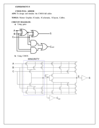 EXPERIMENT-5
CMOS FULL ADDER
AIM: To design and simulate the CMOS full adder.
TOOLS: Mentor Graphics ICstudio, ICschematic, IClayout, Calibre.
CIRCUIT DIAGRAM:
a) Using gates
b) Using CMOS
 
