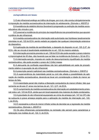 12
Lei n. 8.069/1990
CADERNO ESQUEMATIZADO
www.grancursosonline.com.br
Jurisprudência em teses:
1) O ato infracional análogo ao tráfico de drogas, por si só, não conduz obrigatoriamente
à imposição de medida socioeducativa de internação do adolescente. (Súmula n. 492/STJ)
2) A existência de relatório técnico favorável à progressão ou extinção de medida socio-
educativa não vincula o juiz.
3) É possível a incidência do princípio da insignificância nos procedimentos que apuram
a prática de ato infracional.
4) A medida socioeducativa de internação está autorizada nas hipóteses taxativamente
previstas no art. 122 do ECA, sendo vedado ao julgador dar qualquer interpretação extensiva
do dispositivo.
5) A aplicação da medida de semiliberdade, a despeito do disposto no art. 120, § 2º, do
ECA, não se vincula à taxatividade estabelecida no art. 122 do mesmo estatuto.
6) A internação provisória prevista no art. 108 do ECA não pode exceder o prazo máximo
e improrrogável de 45 dias, não havendo que se falar na incidência da Súmula n. 52 do STJ.
7) A internação-sanção, imposta em razão de descumprimento injustificado de medida
socioeducativa, não pode exceder o prazo de 3 (três) meses
8) A atenuante da confissão espontânea não tem aplicabilidade em sede de procedi-
mento relativo à apuração de ato infracional.
9) A prescrição penal é aplicável nas medidas socioeducativas. (Súmula n. 338/STJ)
10) A superveniência da maioridade penal ou civil não afasta a possibilidade de apli-
cação de medida socioeducativa, devendo-se levar em consideração a idade do menor ao
tempo do fato.
11) A maioridade penal não implica a liberação compulsória do menor infrator, fato que
somente se dá aos 21 anos nos termos do art. 121, § 5º, do ECA.
12) O cumprimento de medida socioeducativa de internação em estabelecimento prisio-
nal viola o art. 123 do ECA, ainda que em local separado dos maiores de idade condenados.
13) A gravidade do ato infracional equiparado ao crime de ameaça (art. 147 do CP) não
se subsume à grave ameaça exigida para a aplicação da medida de internação (art. 122,
I, do ECA).
14) É necessária a oitiva do menor infrator antes de decretar-se a regressão da medida
socioeducativa. (Súmula n. 265/STJ)
15) Os atos infracionais compreendidos na remissão não servem para caracterizar a
reiteração nos moldes do art. 122, II, do ECA.
 