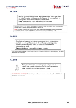 160
Lei n. 8.069/1990
CADERNO ESQUEMATIZADO
www.grancursosonline.com.br
Art. 241-B
￼
Art. 241-C
￼
Art. 241-D
￼
 