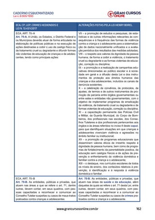162
Lei n. 8.069/1990
CADERNO ESQUEMATIZADO
www.grancursosonline.com.br
ECA, CP, LEP, CRIMES HEDIONDOS E
LEI N. 13.431/2017
ALTERAÇÕES FEITAS PELA LEI HENRY BOREL
ECA, ART. 70–A
Art. 70-A. A União, os Estados, o Distrito Federal e
os Municípios deverão atuar de forma articulada na
elaboração de políticas públicas e na execução de
ações destinadas a coibir o uso de castigo físico ou
de tratamento cruel ou degradante e difundir formas
não violentas de educação de crianças e de adoles-
centes, tendo como principais ações:
VII – a promoção de estudos e pesquisas, de esta-
tísticas e de outras informações relevantes às con-
sequências e à frequência das formas de violência
contra a criança e o adolescente para a sistematiza-
ção de dados nacionalmente unificados e a avalia-
ção periódica dos resultados das medidas adotadas;
VIII – o respeito aos valores da dignidade da pessoa
humana, de forma a coibir a violência, o tratamento
cruel ou degradante e as formas violentas de educa-
ção, correção ou disciplina;
IX – a promoção e a realização de campanhas edu-
cativas direcionadas ao público escolar e à socie-
dade em geral e a difusão desta Lei e dos instru-
mentos de proteção aos direitos humanos das
crianças e dos adolescentes, incluídos os canais de
denúncia existentes;
X – a celebração de convênios, de protocolos, de
ajustes, de termos e de outros instrumentos de pro-
moção de parceria entre órgãos governamentais ou
entre estes e entidades não governamentais, com o
objetivo de implementar programas de erradicação
da violência, de tratamento cruel ou degradante e de
formas violentas de educação, correção ou disciplina;
XI – a capacitação permanente das Polícias Civil
e Militar, da Guarda Municipal, do Corpo de Bom-
beiros, dos profissionais nas escolas, dos Conse-
lhos Tutelares e dos profissionais pertencentes aos
órgãos e às áreas referidos no inciso II deste caput,
para que identifiquem situações em que crianças e
adolescentes vivenciam violência e agressões no
âmbito familiar ou institucional;
XII – a promoção de programas educacionais que
disseminem valores éticos de irrestrito respeito à
dignidade da pessoa humana, bem como de progra-
mas de fortalecimento da parentalidade positiva, da
educação sem castigos físicos e de ações de pre-
venção e enfrentamento da violência doméstica e
familiar contra a criança e o adolescente;
XIII – o destaque, nos currículos escolares de todos
os níveis de ensino, dos conteúdos relativos à pre-
venção, à identificação e à resposta à violência
doméstica e familiar.
ECA, ART. 70–B
Art. 70-B. As entidades, públicas e privadas, que
atuem nas áreas a que se refere o art. 71, dentre
outras, devem contar, em seus quadros, com pes-
soas capacitadas a reconhecer e comunicar ao
Conselho Tutelar suspeitas ou casos de maus-tratos
praticados contra crianças e adolescentes
Art. 70-B. As entidades, públicas e privadas, que
atuem nas áreas da saúde e da educação, além
daquelas às quais se refere o art. 71 desta Lei, entre
outras, devem contar, em seus quadros, com pes-
soas capacitadas a reconhecer e a comunicar ao
Conselho Tutelar suspeitas ou casos de crimes pra-
ticados contra a criança e o adolescente.
 