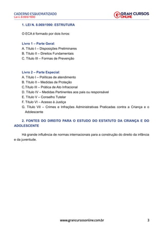 3
Lei n. 8.069/1990
CADERNO ESQUEMATIZADO
www.grancursosonline.com.br
1. LEI N. 8.069/1990: ESTRUTURA
O ECA é formado por dois livros:
Livro 1 – Parte Geral:
A. Título I – Disposições Preliminares
B. Título II – Direitos Fundamentais
C. Título III – Formas de Prevenção
Livro 2 – Parte Especial:
A. Título I – Políticas de atendimento
B. Título II – Medidas de Proteção
C.Título III – Prática de Ato Infracional
D. Título IV – Medidas Pertinentes aos pais ou responsável
E. Título V – Conselho Tutelar
F. Título VI – Acesso à Justiça
G. Título VII – Crimes e Infrações Administrativas Praticadas contra a Criança e o
Adolescente
2. FONTES DO DIREITO PARA O ESTUDO DO ESTATUTO DA CRIANÇA E DO
ADOLESCENTE
Há grande influência de normas internacionais para a construção do direito da infância
e da juventude.
 
